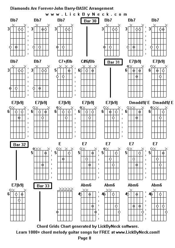 Chord Grids Chart of chord melody fingerstyle guitar song-Diamonds Are Forever-John Barry-BASIC Arrangement,generated by LickByNeck software.